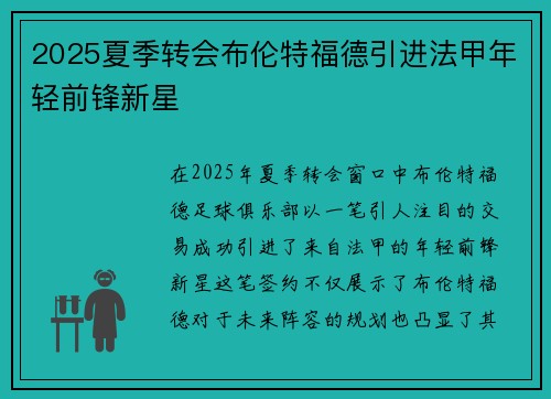 2025夏季转会布伦特福德引进法甲年轻前锋新星